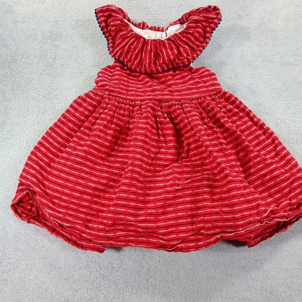 Laura Ashley Baby Girl Striped Ruffle Dress Red 18M Cotton Pom Trim